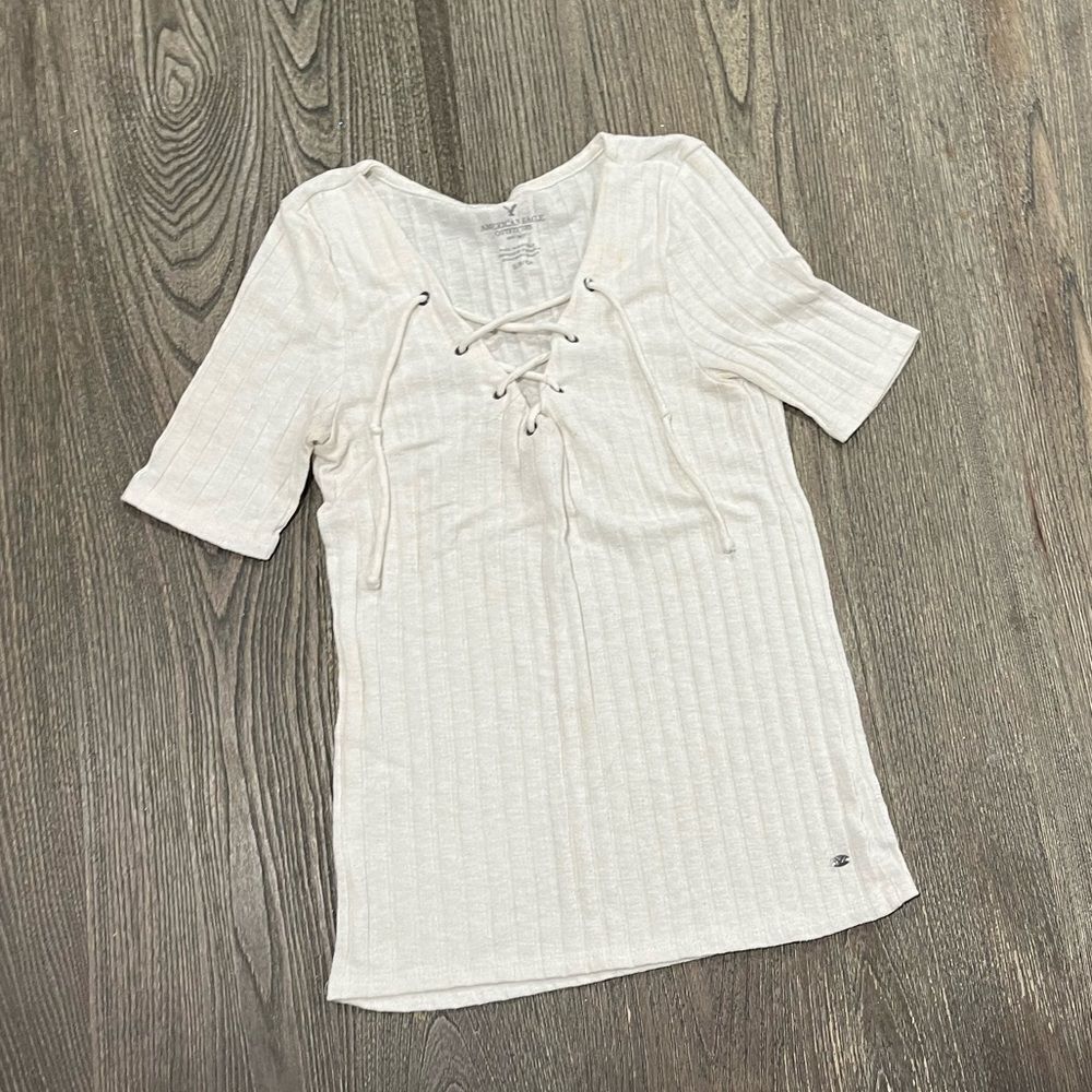 American Eagle Lace Up Crop Top Short Sleeve Soft Ribbed Knit Stretch Ivory S